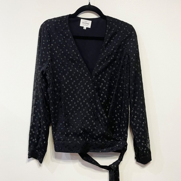 Last Chance! Like New Sezane Ella Lurex Polka Dot Wrap Blouse Black 42, 10 - Picture 2 of 8